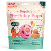 WOOF empaque frontal mostrando Refill Pops listo para usar y práctica conveniencia
