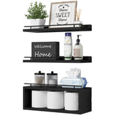 WOPITUES front view of black floating shelves showing organized bathroom storage