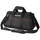 WORKPRO vista frontal de la bolsa portaherramientas mostrando capacidad y cierre