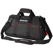 WORKPRO vista frontal de la bolsa portaherramientas mostrando capacidad y cierre