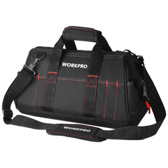 WORKPRO vista frontal de la bolsa portaherramientas mostrando capacidad y cierre