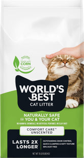 World's Best Cat Litter bolsa frontal 15 lb mostrando diseño y beneficio ahorro