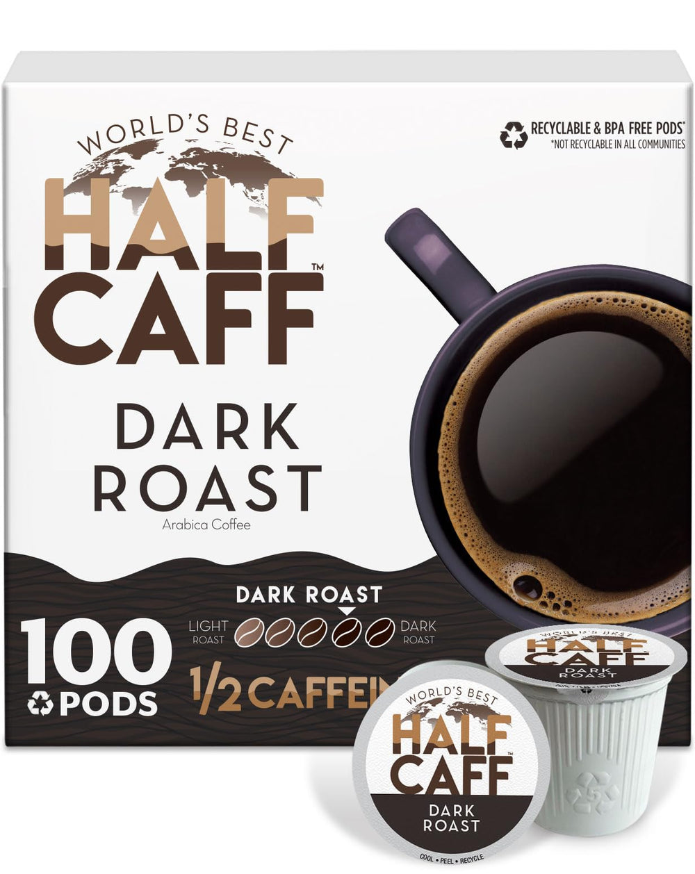 World's Best Half Caff vista frontal del empaque con 100 cápsulas mostrando cantidad y marca