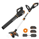 WORX WG928 kit front view showing trimmer blower and batteries, highlights bundled value