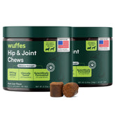 Wuffes front packaging showing two-bottle pack and easy dosage benefits