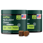 Wuffes front packaging showing two-bottle pack and easy dosage benefits