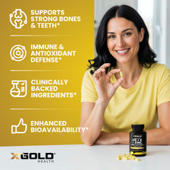 X Gold Health cápsulas en mano mostrando tamaño real y facilidad de toma