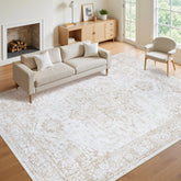 Xafir front view of 8x10 beige area rug shows pattern and room anchoring benefit