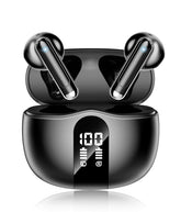 XIAOWTEK earbuds front view with LED charge display showing battery levels and clear branding