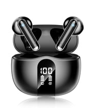 XIAOWTEK earbuds front view with LED charge display showing battery levels and clear branding