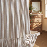 XOGUIBO front view showing cream brown stripe curtain and ruffle, adds cozy charm
