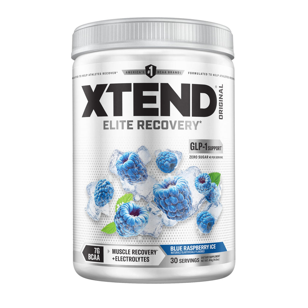 Xtend frontal del envase mostrando el sabor blue raspberry y beneficio de recuperación