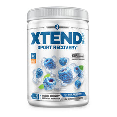 Xtend front tub showing Blue Raspberry Ice branding and servings benefit