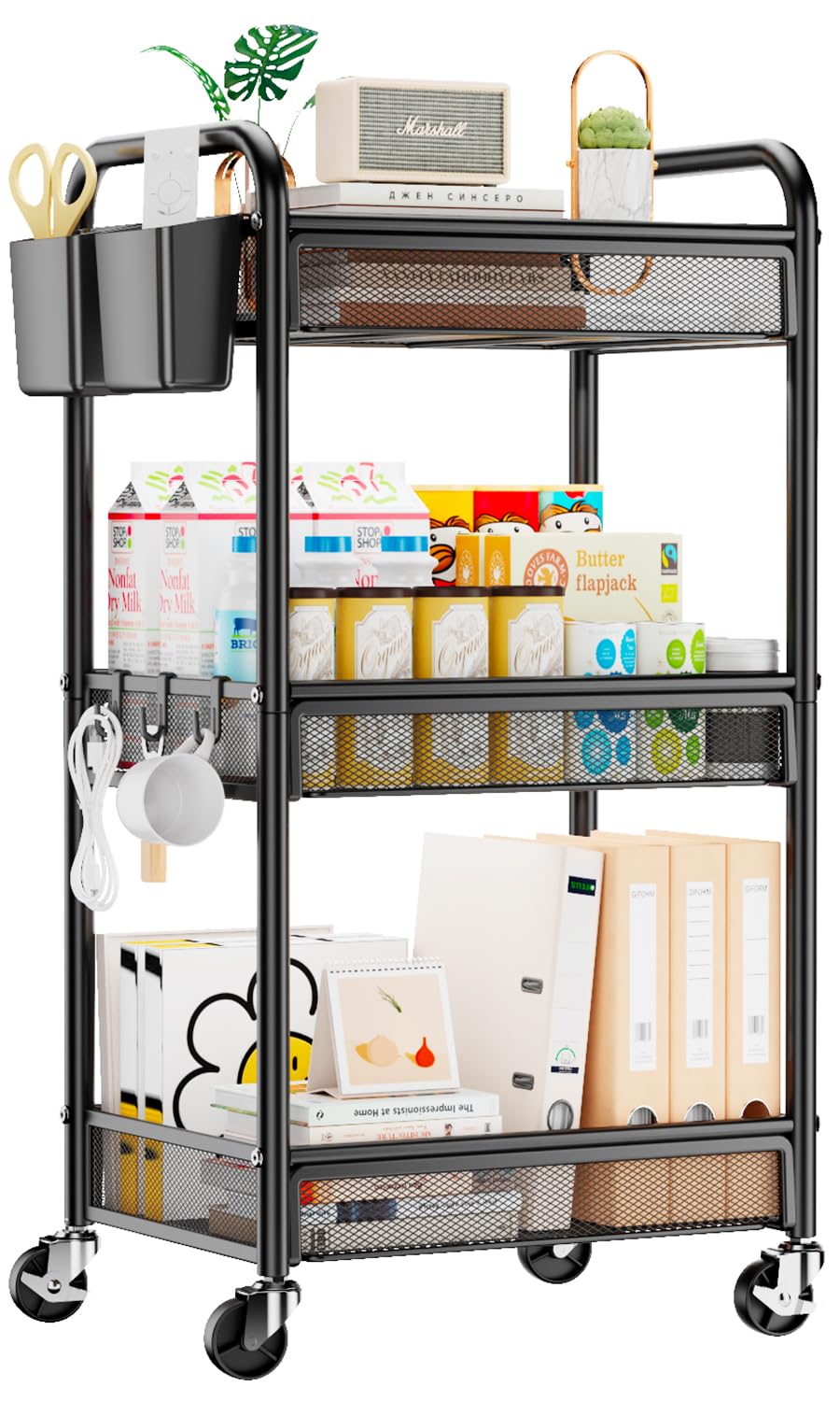 YASONIC front view of 3 tier cart showing sleek black finish and sturdy frame for organized storage