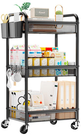 YASONIC front view of 3 tier cart showing sleek black finish and sturdy frame for organized storage