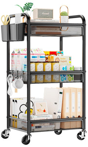 YASONIC front view of 3 tier cart showing sleek black finish and sturdy frame for organized storage
