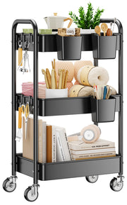 YASONIC front view of black 3-tier cart showing organized storage and mobility benefit