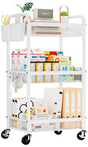 YASONIC white rolling cart front view showing three tiers and mobility benefit