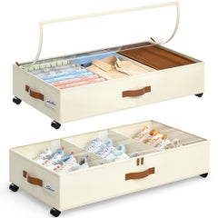 Yecaye front view of two rolling under bed storage bins showing clear lids and fabric finish for easy access