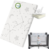 YENING front view of pack and play topper showing snug fit and label benefit