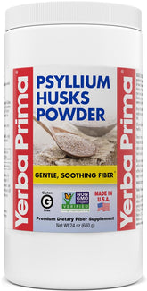 Yerba Prima front packaging showing 24 oz fiber powder and benefits
