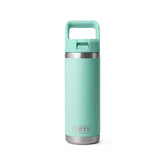 YETI Rambler showing front view and durable steel benefit