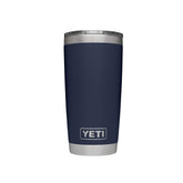 YETI Rambler 20 oz front view in navy showing durable exterior and size benefit