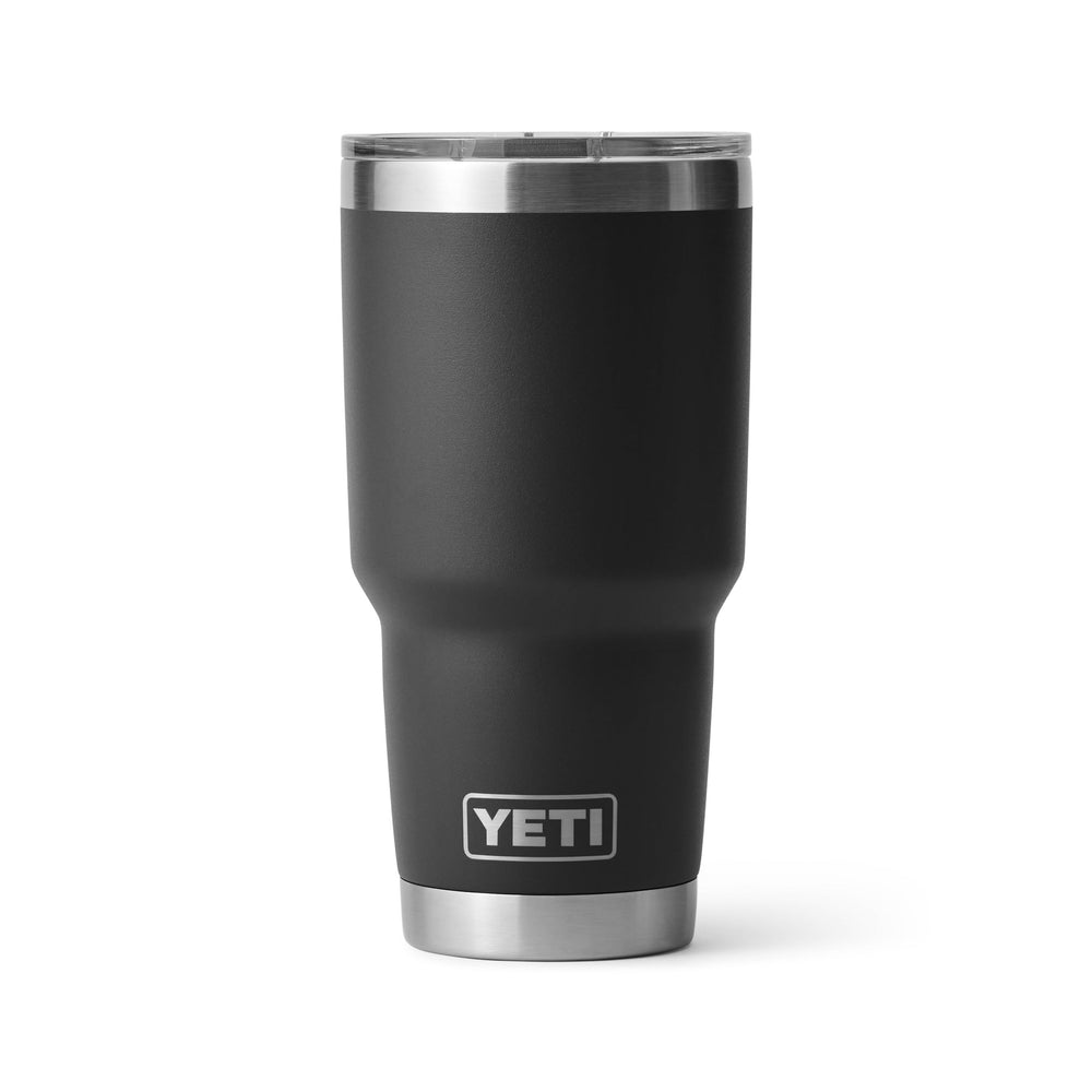 YETI Rambler frontal negro mostrando silueta y beneficio de durabilidad