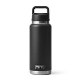 YETI Rambler front view showing bottle shape and black finish, durable design benefit