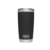YETI Rambler front view showing label and rugged stainless steel benefit