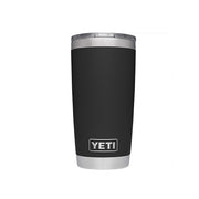 YETI Rambler front view showing label and rugged stainless steel benefit