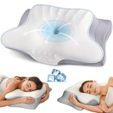 Ylekto vista frontal de la almohada ergonómica mostrando contorno y tamaño, soporte visible