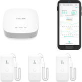 YoLink hub and three sensors displayed, showing kit completeness and reliable coverage