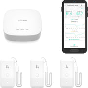 YoLink hub and three sensors displayed, showing kit completeness and reliable coverage