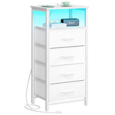 Yoobure front view of white nightstand showing compact vertical storage and LED lighting benefit