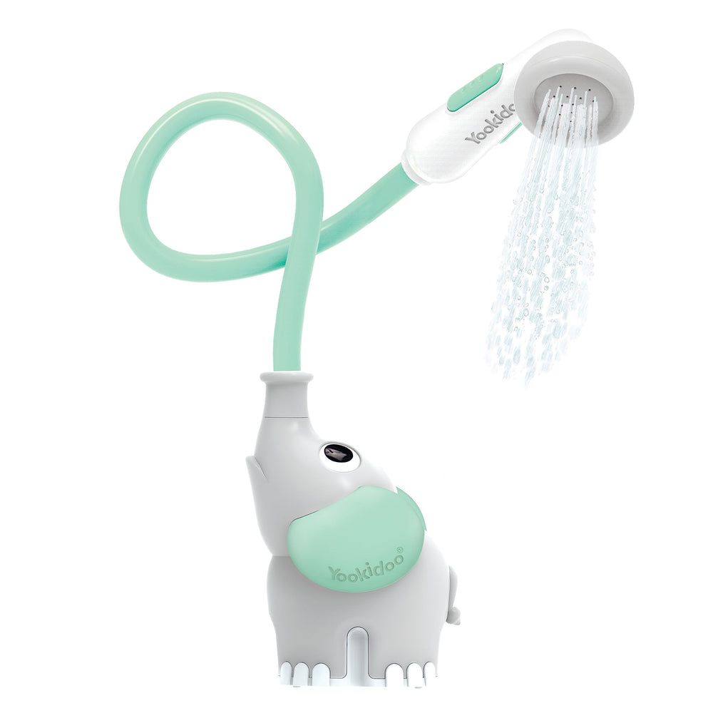 Yookidoo elephant front view showing compact sprayer and child-friendly design benefit gentle rinses