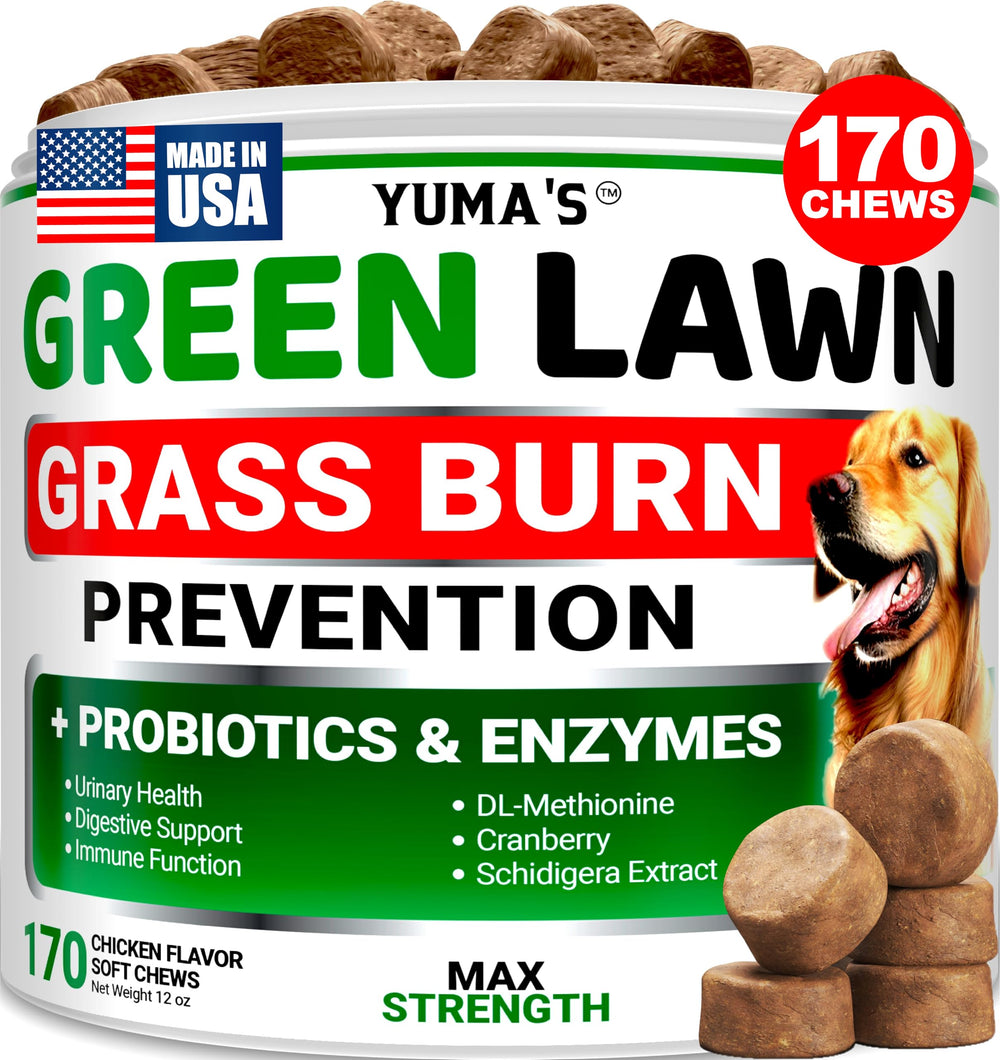 YUMA'S envase frontal mostrando 170 chucherías para césped más verde y cuidado