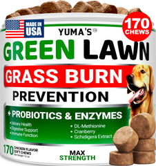 YUMA'S envase frontal mostrando 170 chucherías para césped más verde y cuidado