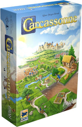 Z-Man Games caja frontal de Carcassonne mostrando arte y beneficio de rejugabilidad