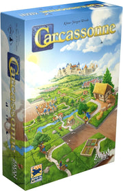 Z-Man Games caja frontal de Carcassonne mostrando arte y beneficio de rejugabilidad