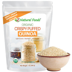 Z Natural Foods paquete frontal de quinoa inflada orgánica mostrando diseño y tamaño
