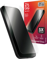 ZAGG front packaging showing Glass Elite protector and iPhone 16 Pro compatibility benefits
