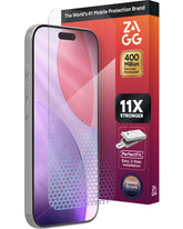 ZAGG XTR5 front view showing full-coverage tempered glass and clarity benefit