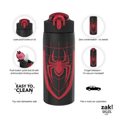 Zak Designs botella colocada en mochila mostrando el asa para transporte cómodo