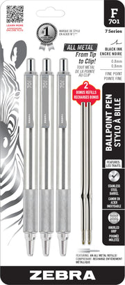 Zebra Pen F-701 vista frontal del paquete mostrando diseño metálico y profesionalidad