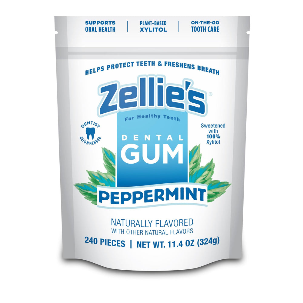 Zellie's front packaging showing peppermint gum and count, supports easy storage