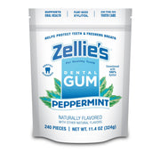 Zellie's front packaging showing peppermint gum and count, supports easy storage