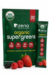 Zena Nutrition front pouch showing mixed berry flavor and convenient packets