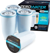 ZeroWater empaque frontal mostrando los cuatro filtros y ahorro ambiental