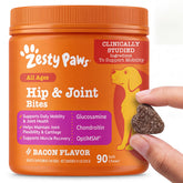 Zesty Paws front packaging showing bacon chews and 90 count benefit